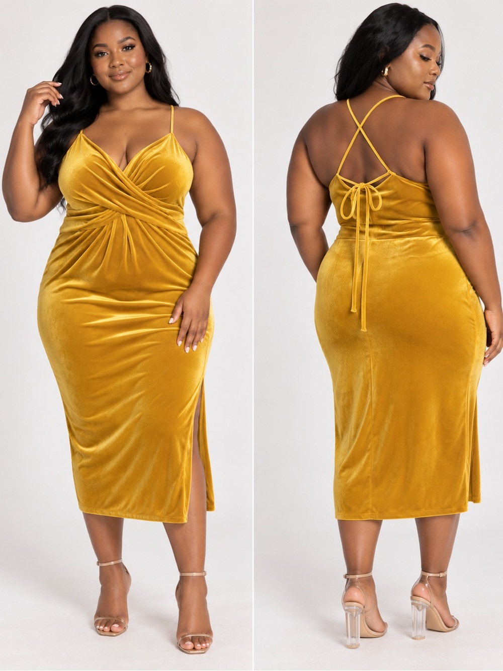 ELOQUII Velvet Cross Front / Twist Waist Gown in a vibrant mustard gold shade